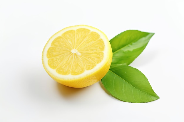 tranche fraîche de citron avec feuille sur fond blanc