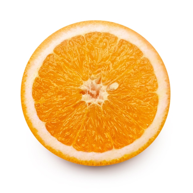 Tranche de fruit orange isolé sur fond blanc avec un tracé de détourage Concept créatif d'aliments sains Jus de nature Vue de dessus à plat