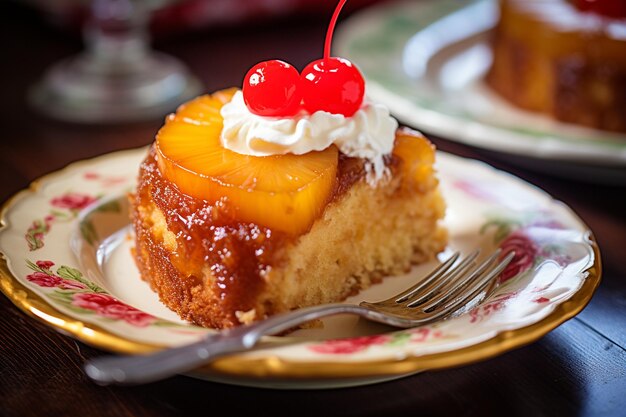 Une tranche de gâteau à l'ananas à l'envers avec une garniture caramélisée