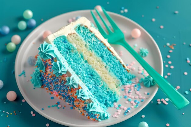 Une tranche de gâteau d'anniversaire de sirène vert et bleu coloré
