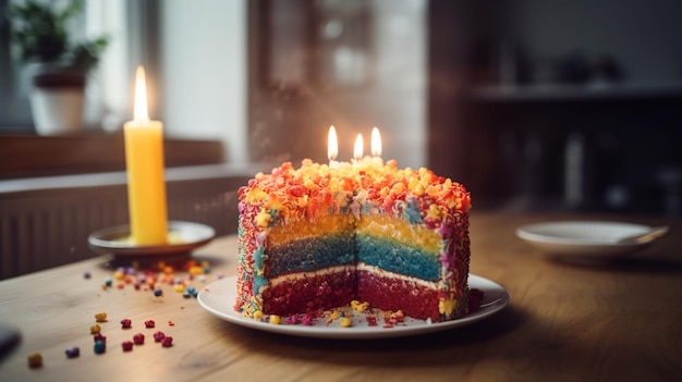 Une tranche de gâteau arc-en-ciel avec les bougies allumées sur une table