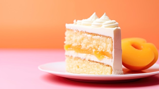 Une tranche de gâteau sur une assiette avec une couleur peach peach fuzz de l'année 2024 image monochromatique