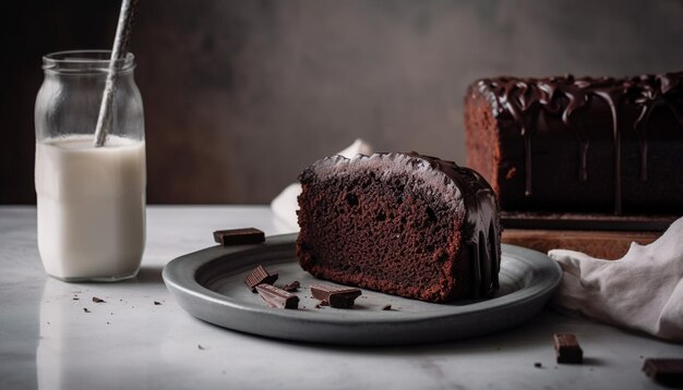 Une tranche de gâteau au chocolat avec du chocolat sur le côté.