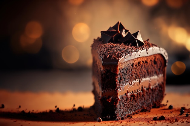 Tranche de gâteau au chocolat sur fond sombre