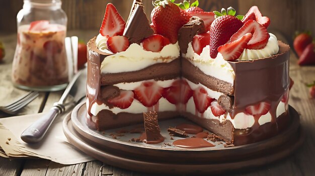 Une tranche de gâteau au chocolat avec des fraises sur le dessus