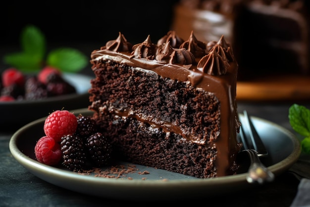 Une tranche de gâteau au chocolat avec glaçage au chocolat et framboises sur une assiette.