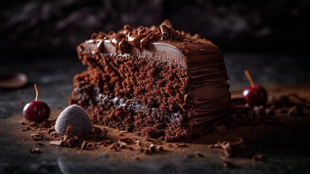 Une tranche de gâteau au chocolat avec glaçage au chocolat et pépites