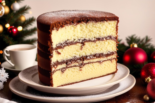 Une tranche de gâteau au chocolat avec glaçage blanc et un arbre de Noël rouge en arrière-plan.