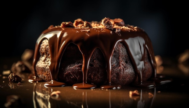 Tranche de gâteau au chocolat gourmande sur une assiette en bois générée par l'IA