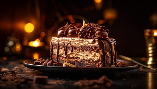 Tranche de gâteau au chocolat noir sur une plaque de bois rustique générée par l'IA