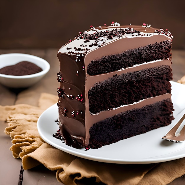 Une tranche de gâteau au chocolat avec des pépites dessus.