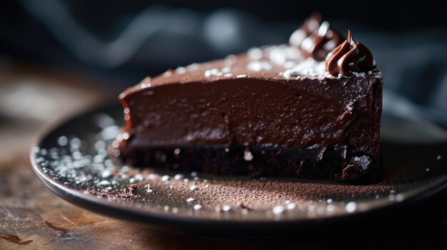 Une tranche de gâteau au chocolat riche avec du sucre en poudre sur une assiette sombre avec un fond sombre d'humeur