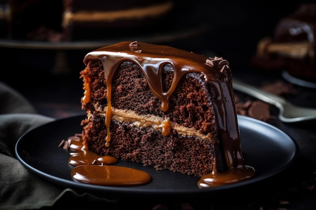 Une tranche de gâteau au chocolat avec sauce au caramel sur une plaque noire