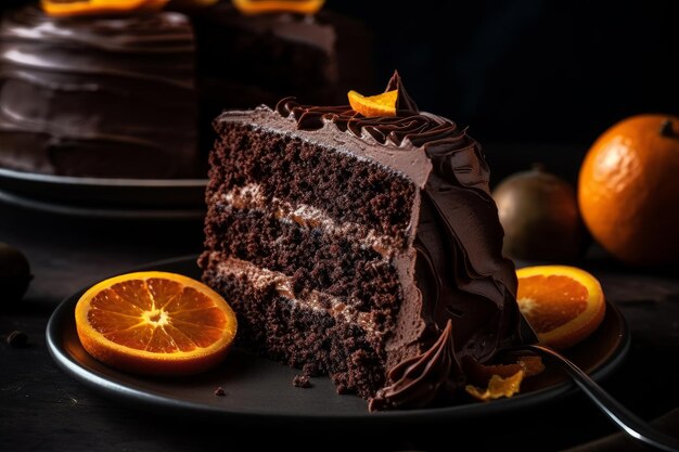 Une tranche de gâteau au chocolat avec des tranches d'orange sur une assiette.