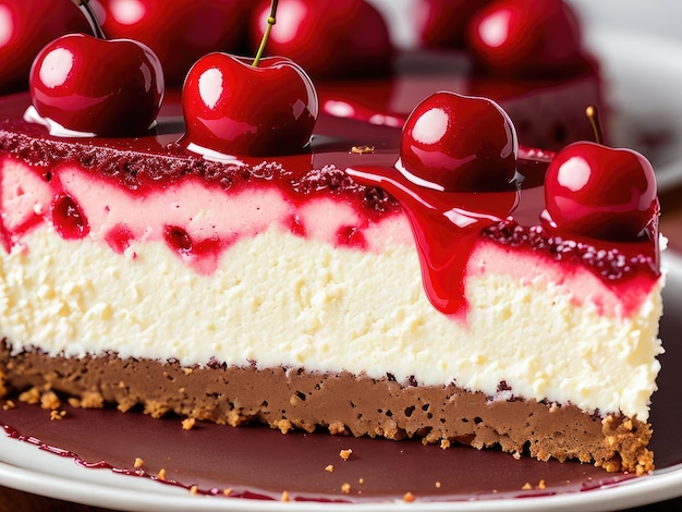 Une tranche de gâteau au fromage aux cerises avec des cerises sur le dessus