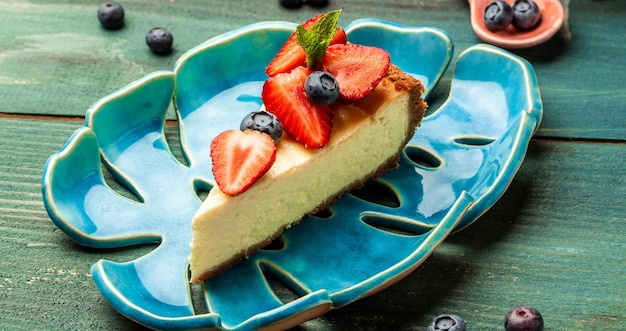 Tranche de gâteau au fromage aux fraises avec des baies fraîches et menthe gâteau au fromage tarte dessert d'été bio fond de recette alimentaire Close up