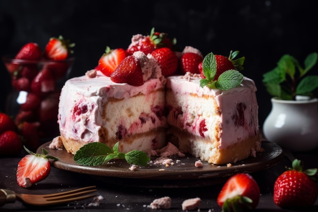 Une tranche de gâteau au fromage aux fraises avec une tranche retirée