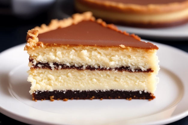 Une tranche de gâteau au fromage fourré au chocolat sur une assiette.