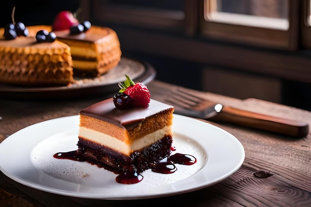 Une tranche de gâteau aux baies sur une assiette