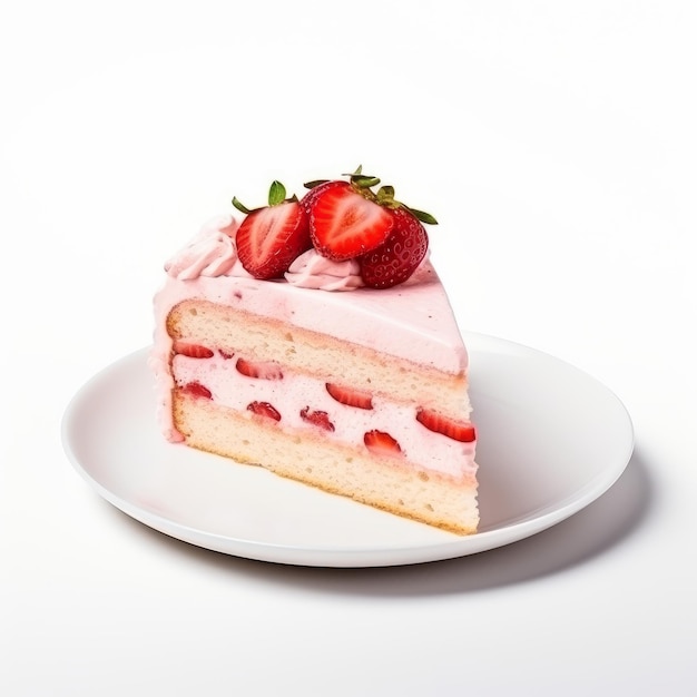 Une tranche de gâteau aux fraises sur un fond blanc