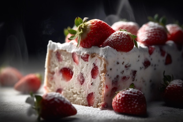 Une tranche de gâteau aux fraises avec des fraises sur le dessus