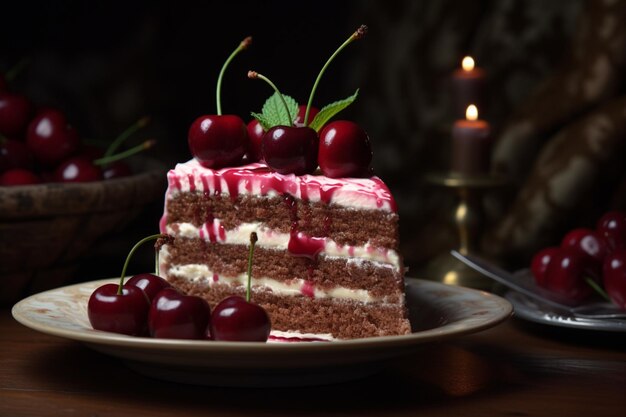 Photo une tranche de gâteau avec des cerises succulentes sur une assiette soignée avec goût