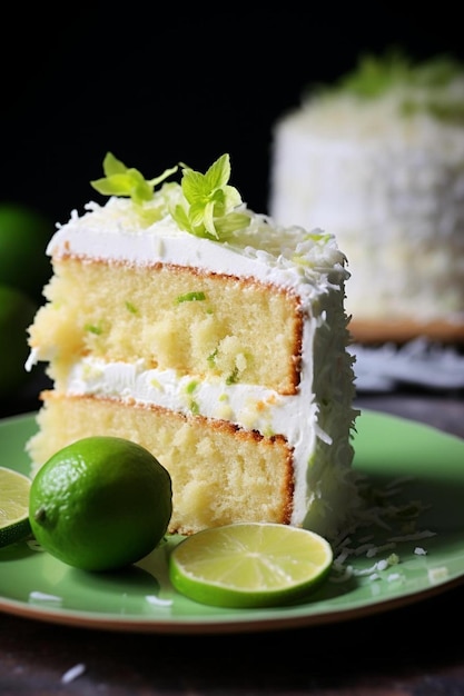 une tranche de gâteau avec des citrons verts sur le dessus.