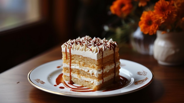 Une tranche de gâteau à la crème dans l'assiette sur la table