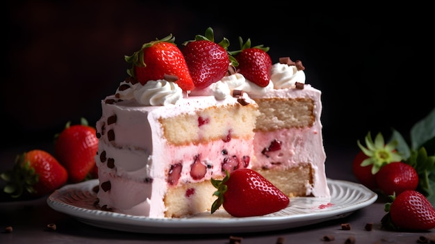 Une tranche de gâteau à la crème glacée aux fraises avec des fraises sur le dessus.