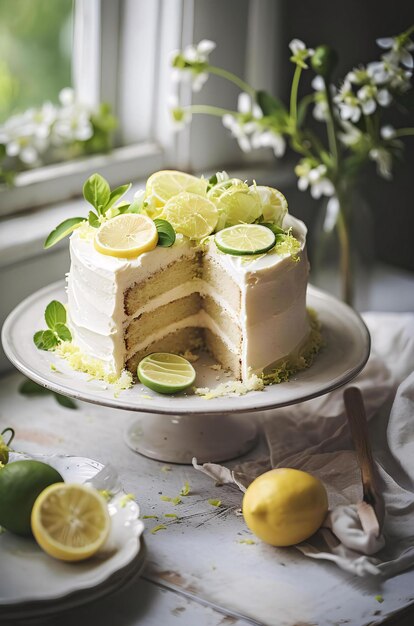 tranche de gâteau avec de la crème et de la tarte à la meringue à la menthe et au citron avec de la tartine à la merengue à la minte et au Citron