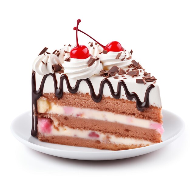 Photo une tranche de gâteau dans une assiette avec des baies rouges isolées sur un fond blanc