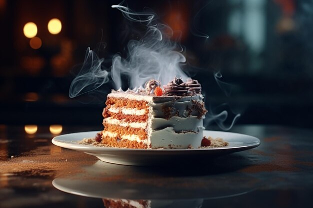 Photo une tranche de gâteau émettant une délicate traînée de fumée