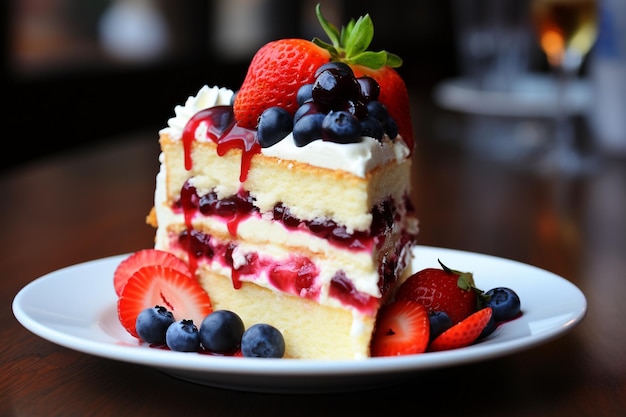 Une tranche de gâteau à l'éponge avec des fruits