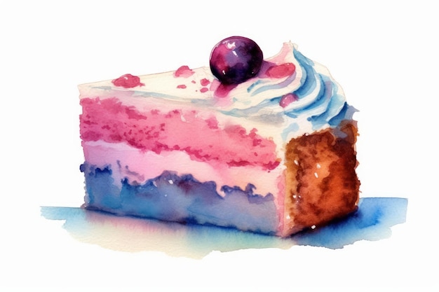 Tranche de gâteau de fête aquarelle avec une cuillerée de glaçage sur fond blanc générée par l'IA