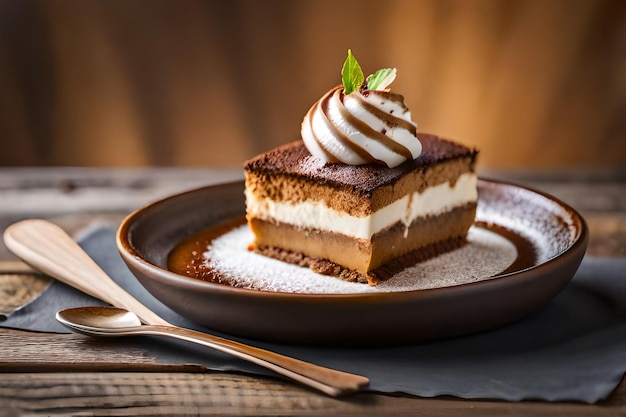 une tranche de gâteau avec une feuille sur le dessus