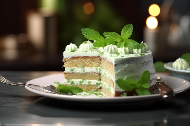 Photo une tranche de gâteau avec des feuilles de menthe fraîches comme garniture délicieuse