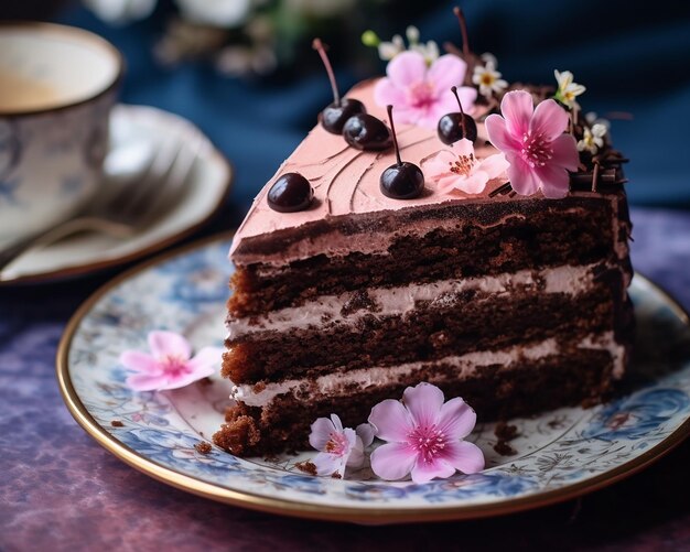 une tranche de gâteau avec des fleurs sur une assiette