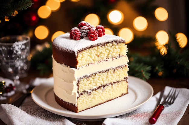 Une tranche de gâteau avec des framboises sur le dessus