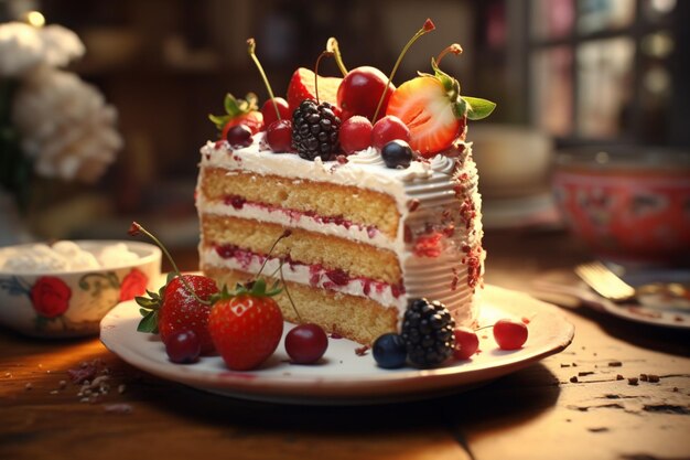 Photo une tranche de gâteau avec des fruits dessus.