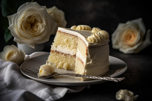 Une tranche de gâteau avec un glaçage blanc et une fourchette avec des roses derrière.