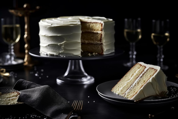 Une tranche de gâteau avec un glaçage blanc et une tranche découpée