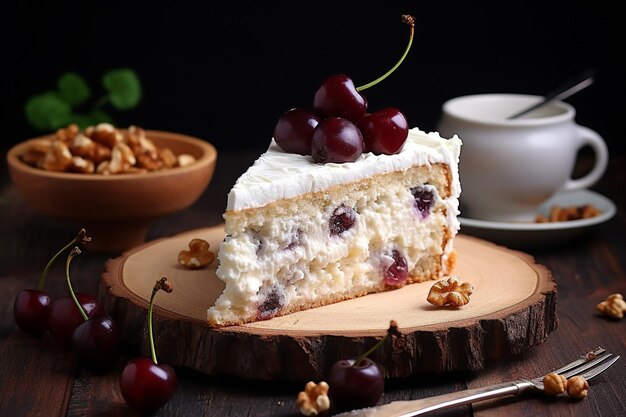 Photo une tranche de gâteau de noix de coco avec du raisin et des noix sur une planche de bois