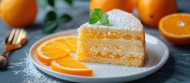 Une tranche de gâteau d'orange sur l'assiette