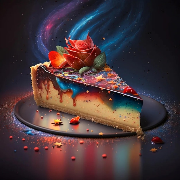 Une tranche de gâteau avec une rose dessus