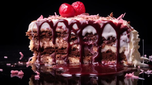 Tranche de gâteau succulente avec gouttes rouges et garniture de cerises
