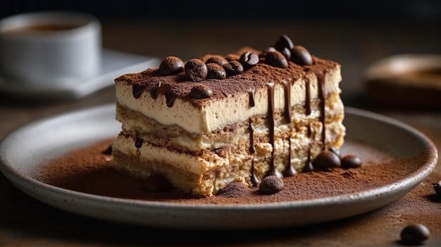 Une tranche de gâteau tiramisu avec du café sur le côté