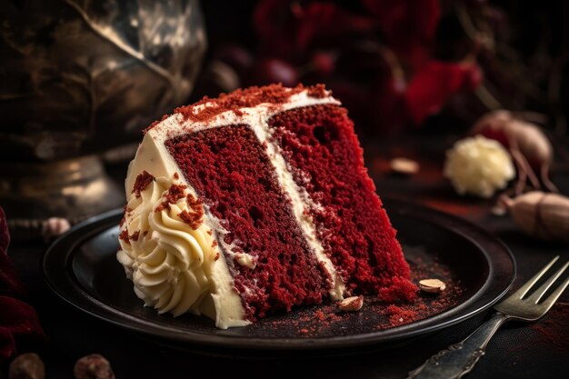 Une tranche de gâteau de velours rouge sur une assiette