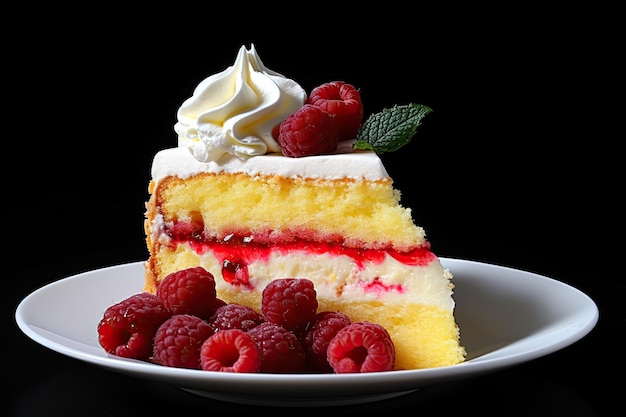 Tranche de génoise jaune garnie de sorbet framboise et de crème fouettée pour un dessert délicieux aux baies