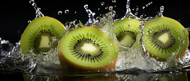 Une tranche de kiwi rafraîchissante avec un éclaboussure d'eau capturant l'essence de la fraîcheur et de la juiciness