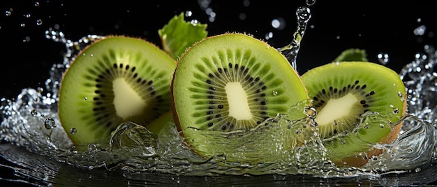 Une tranche de kiwi rafraîchissante avec un éclaboussure d'eau capturant l'essence de la fraîcheur et de la juiciness